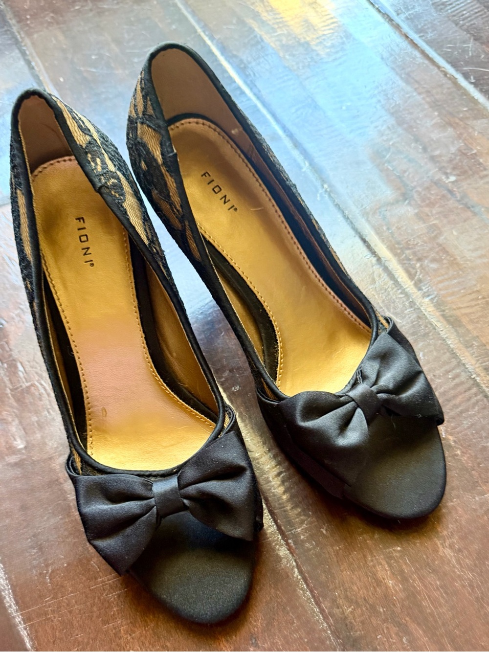 FIONI Clothing Black Lace Peep-Toe Heels with Satin Bow